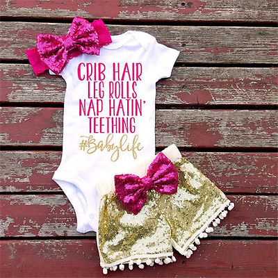 Summer Bodysuit with Sequined Pants and Bow Headband Set - BabyBloomPlace