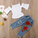 Rose sling Lace Shirt & Printed Jeans Set - BabyBloomPlace