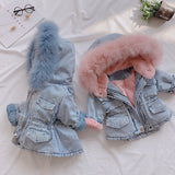 Hooded Denim Faux Fur Fleece Coat - BabyBloomPlace