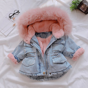 Hooded Denim Faux Fur Fleece Coat - BabyBloomPlace